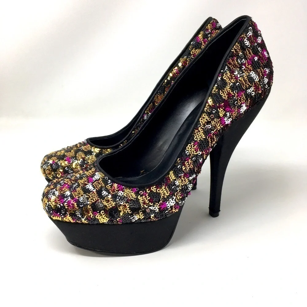 Nine West Heels Shoes Black Pink Satin Sequins 7.5